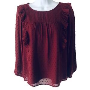 J. Crew Factory Women's 4 Swiss Dot Ruffle Front Top Burgundy Blouse Career